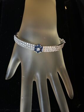 Silver Crystal Bracelet with Blue Floral Center - Women's Jewelry